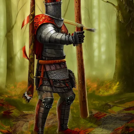 Prompt: a woodland knight made of wood holding a giant club, in a dark forest, digital art, high quality render, artstation, 8 k, photograph quality, ultrahd, in the style of dungeons and dragons