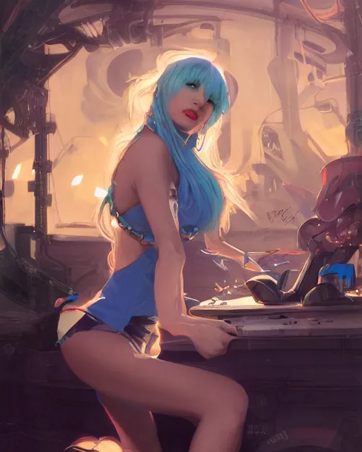 Image similar to pretty girl djing at a rave, blue hair, rem rezero, sharp focus, digital painting, 8 k, concept art, art by wlop, artgerm, greg rutkowski and alphonse mucha