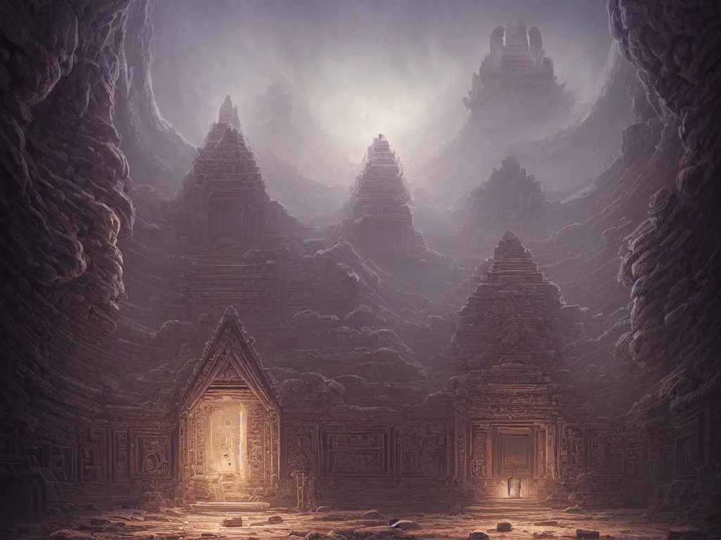 Prompt: A picture of a mysterious ancient temple with geometric patterns and tentacles coming out of the entrance art by Noah Bradley, Darek Zabrocki, Pablo Carpio, Gilles Beloeil, Jordan Grimmer and Natasha Tan, ominous, cosmic horror, trending on artstation, Ultra detailed, hyper realistic, 4k