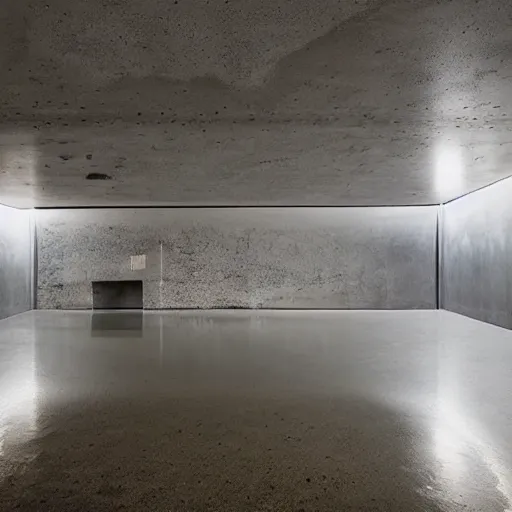 Image similar to underground flooded concrete structure, minimalist architecture, surreal, liminal space, angled walls, high ceiling,