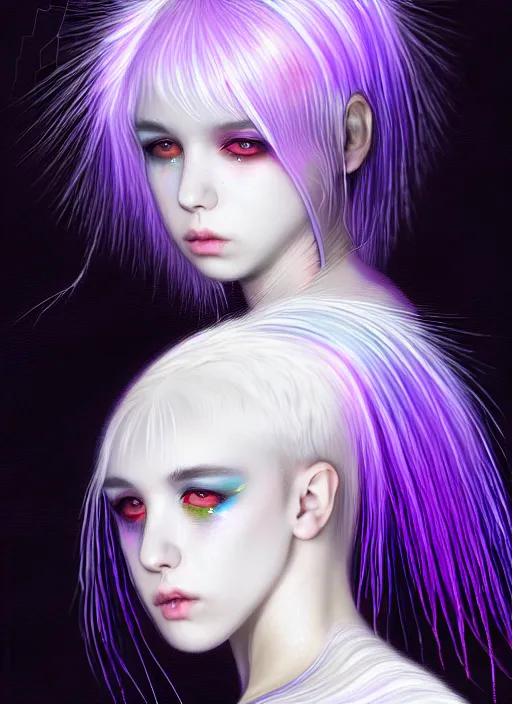 Image similar to hair whitebangs hair, black cyberlox, portrait of teenage girl with white bangs, whitebangsblackhair, messy bangs, cyberlox, whitebangs, red irises, purple clothes, intricate, elegant, glowing lights, highly detailed, digital painting, artstation, concept art, sharp focus, illustration, art by wlop, mars ravelo and greg rutkowski