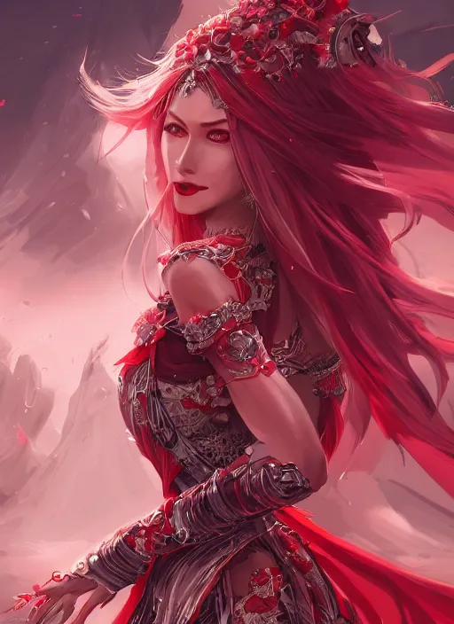 Image similar to a highly detailed illustration of beautiful long hime cut hair woman wearing a red battle dress, red eyes, dramatic smile pose, intricate, elegant, highly detailed, centered, digital painting, artstation, concept art, smooth, sharp focus, league of legends concept art, WLOP