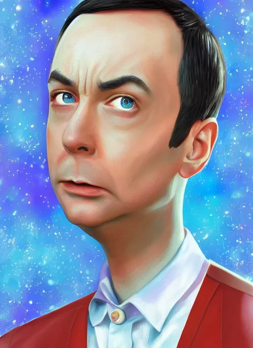 Image similar to digital _ painting _ of _ sheldon from big bang theory saying bazinga _ by _ filipe _ pagliuso _ and _ justin _ gerard _ symmetric _ fantasy _ highly _ detailed _ realistic _ intricate _ port