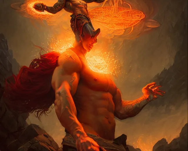 Image similar to handsome tattooed gym bro fire mage firebreath magic spell vfx, diagonal spell vfx, fantasy game spell, fantasy epic painting by artgerm, gaston bussiere, craig mullins, j. c. leyendecker, tom of finland