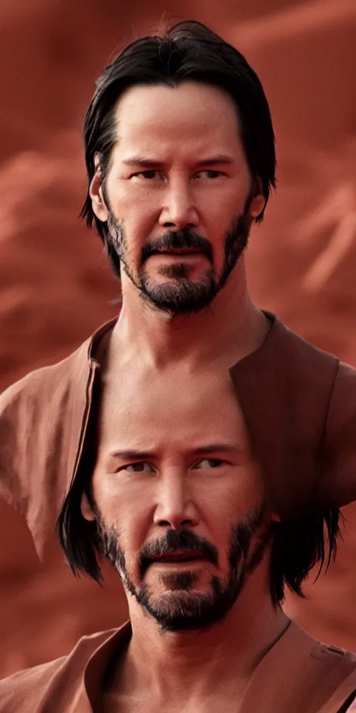 Prompt: keanu reeves as a jedi master, perfect symmetrical face, a red sand desert, moody lighting, 8 k, shallow depth of field, intricate detail,