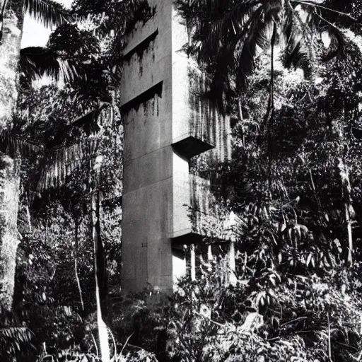 Prompt: lost film footage of a sacred brutalism totem in the middle of the tropical jungle / film still / cinematic / enhanced / 1 9 2 0 s / black and white / grain