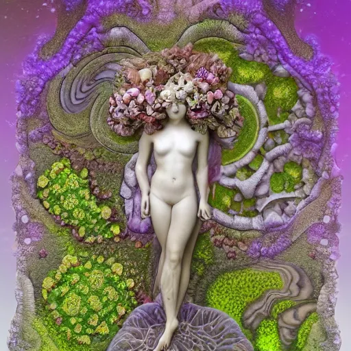Image similar to an idealistic fully dressed marble statue with fractal flowery hair in a fractal garden, glowing delicate flower and mushrooms that grow in a dark fatansy forest on the planet pandora,, symmetrical,