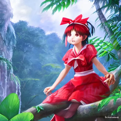 Image similar to a imaginefx cgsociety of reimu in the jungle wearing bonnet