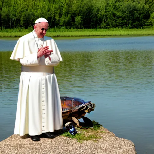 Image similar to cute photo of Pope Francis blessing pond turtle, HD photography, Canon eos r3, 8k resolution