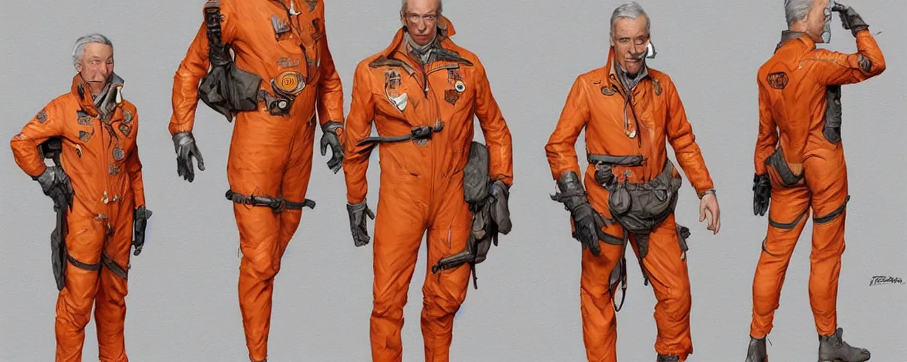 Image similar to character design, reference sheet, gaunt, 70's jetfighter pilot, unshaven, optimistic, dirty orange flight suit, concept art, photorealistic, hyperdetailed, 3d rendering! , art by Leyendecker! and thomas moran,