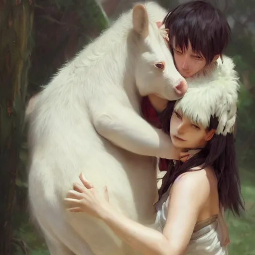 Image similar to a person hugging a large white animal, a detailed painting by krenz cushart, pixiv contest winner, fantasy art, official art, detailed painting, pixiv. highly detailed. 4 k masterpiece. unreal engine. photorealistic. realism. cinematic. photorealism. wideshot