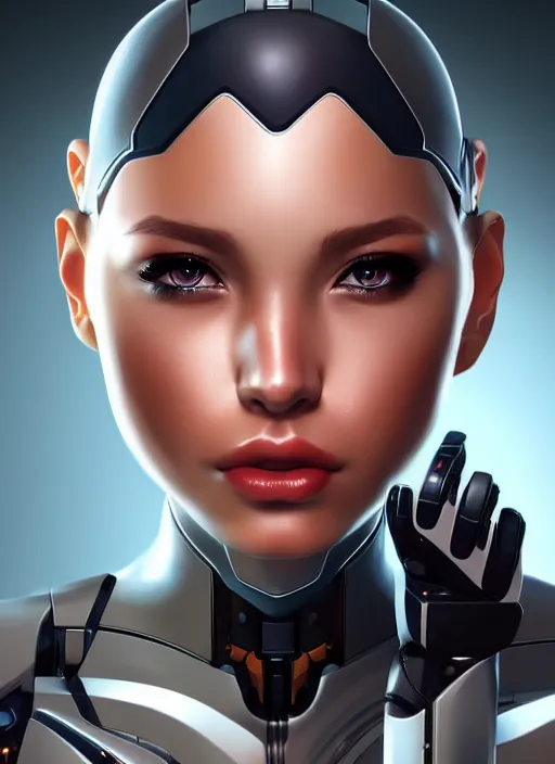 Image similar to portrait of a cyborg woman by Artgerm, (((((face turns left))))) (((((face turns right))))), open eyes , biomechanical, hyper detailled, trending on artstation