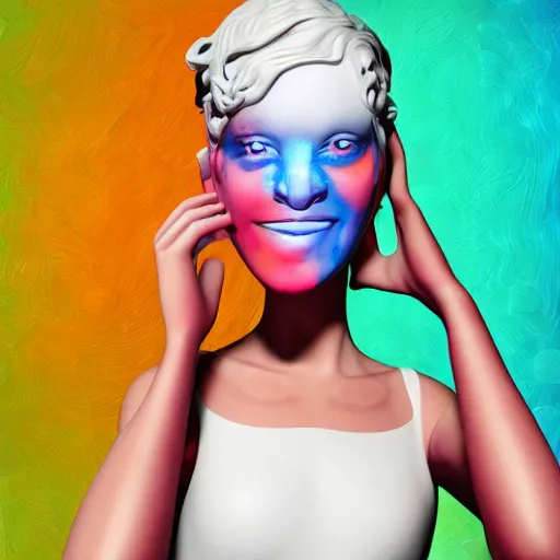 Image similar to close - up of white reneissance head holding a coctail, colorful coctail, digital painting, 3 d render, above the waist