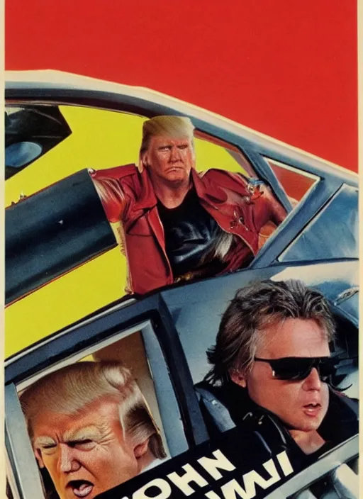 Prompt: an 8 0's john alvin action movie poster starring donald trump mad max. sunglasses. overalls