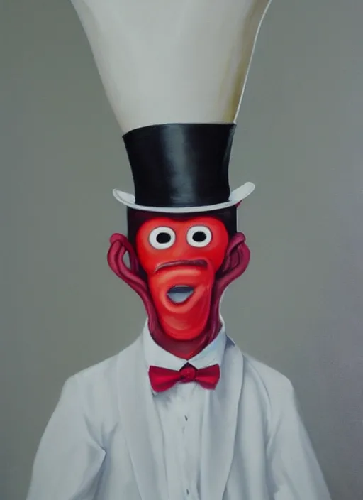 Image similar to hyper realistic painting of an anthropomorphic banana with bloodshot eyes; wearing a white shirt and white top hat; painted by Greg Rukowtski