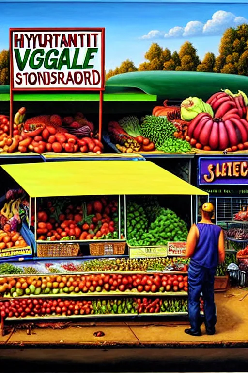 Image similar to a hyperrealistic painting of a roadside vegetable stand ran by mutant farmers. cinematic horror by jimmy alonzo, the art of skinner, chris cunningham, lisa frank, richard corben, highly detailed, vivid color,