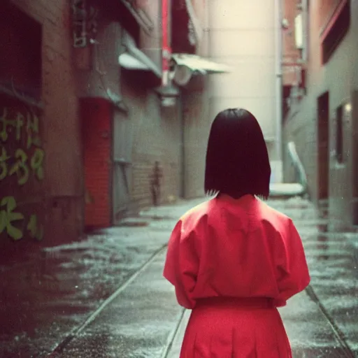 Image similar to 1990s perfect 8K HD professional cinematic photo of close-up japanese schoolgirl posing in sci-fi dystopian alleyway at morning during rain, at instagram, Behance, Adobe Lightroom, with instagram filters, depth of field, taken with polaroid kodak portra