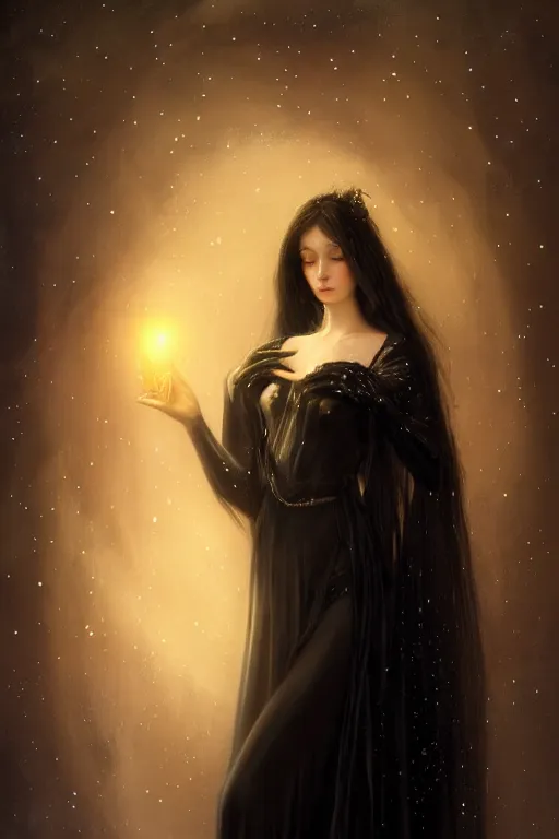 Prompt: Nocturne, glowing, stars, a long-legged elegant young princess, long black hair, pearl amulet, highly detailed, mysterious, ethereal, dressed in black velvet, haute couture, illustration, dramatic lighting, soft details, painting, by Edmund Blair Leighton, Brom, Charlie Bowater, trending on artstation, faces by otto schmidt