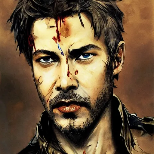 Image similar to portrait of a hero holding his gun in front of his face by yoji shinkawa, high quality, extra details, realism, ornate, colored, golden chain, blood, white skin, short hair, brown eyes, vivid, sunlight, dynamic, american man, freedom, white american soldier, painting