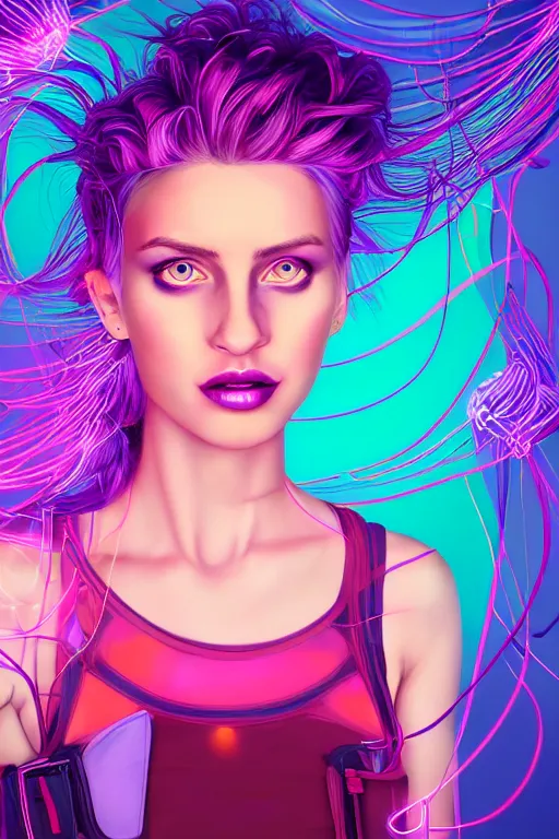 Image similar to a award winning half body portrait of a beautiful woman with stunning eyes in a croptop and cargo pants with ombre purple pink teal hairstyle and hands in pockets by thomas danthony, surrounded by whirling illuminated lines, outrun, vaporware, shaded flat illustration, digital art, trending on artstation, highly detailed, fine detail, intricate