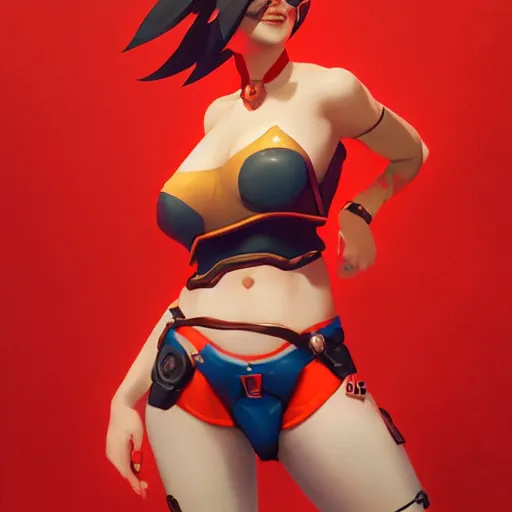 Prompt: portrair of overwatch tracer in a red bikini, artwork by sergey kolesov,