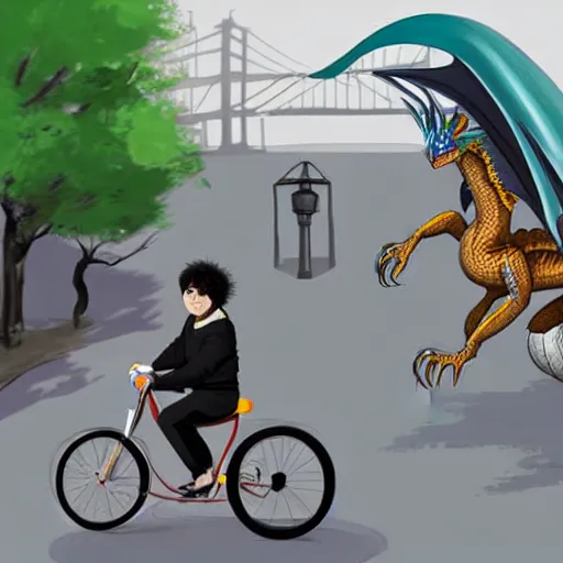 Prompt: a digital painting of a real dragon is riding a bike in the streets of Tokyo