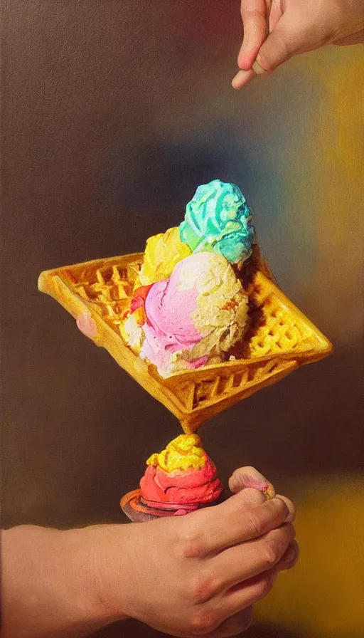 Prompt: still-life painting of a hand holding a waffle cone containing 3 scoops of colorful gelato by Peder Krøyer, lush garden, golden hour, dramatic lighting, volumetric lighting, intricate detail, canvas print