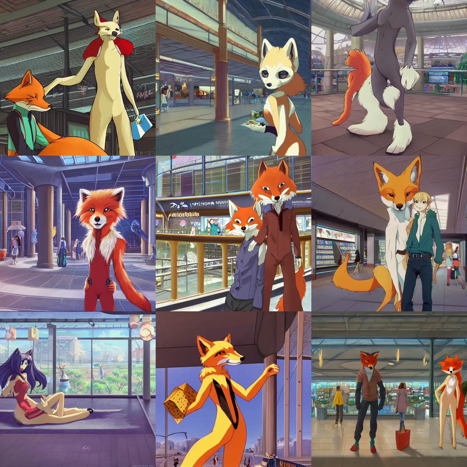 Prompt: anthro art commission of an anthropomorphic natural furry ( ( fox ) ) person shopping at a futuristic mall, photorealistic, key anime art, makoto shinkai, james gurney, don bluth, disney!!!!, hibbary, dark natasha, goldenwolf, furaffinity, fursona, greg rutkowski