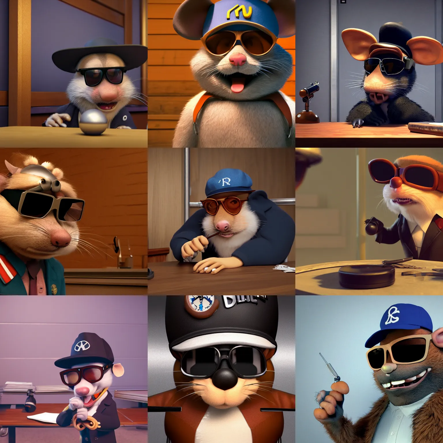 Prompt: a still of an anthropomorphic gangster rat, wearing sunglasses and a baseball cap, long fur, being interrogated in an interrogation room in a Disney Pixar movie, 35mm f2.8, 4k, artstation, PBR materials, Pixar renderman render