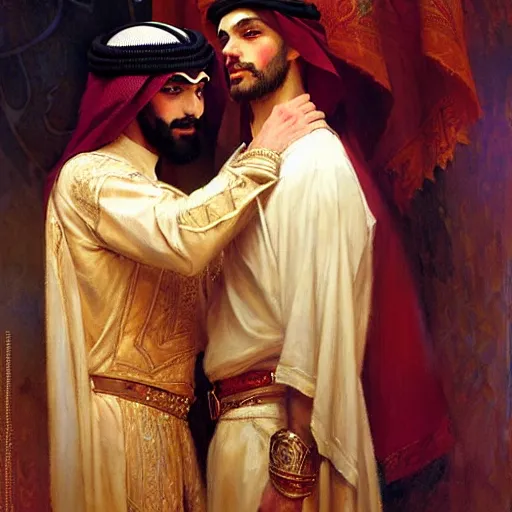 Image similar to attractive arab king confesses his love for his attractive male prince. highly detailed painting by gaston bussiere, craig mullins, j. c. leyendecker