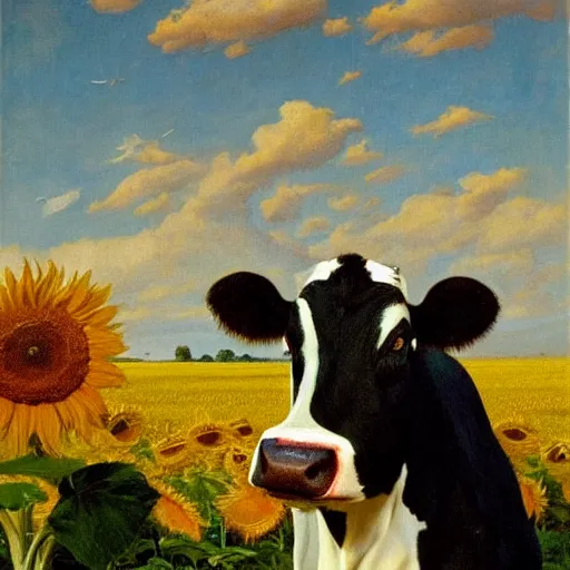 Prompt: up close face portrait of a black and white cow in a beautiful field of sunflowers with a red barn behind it, by Michael Sowa, golden hour, extremely detailed masterpiece, oil on canvas, by J. C. Leyendecker and Peter Paul Rubens and Edward Hopper and Michael Sowa,