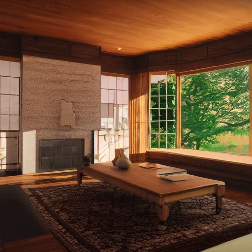 Image similar to Peaceful wooden mansion, unreal engine 5 tech demo, zillow interior, golden hour, living room, cozy, octane render, Frank Lloyd Wright ((Studio Ghibli))