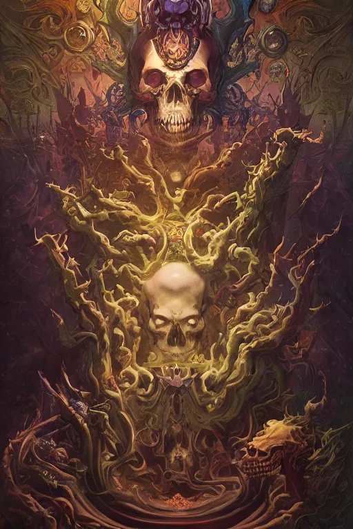 Prompt: evil gigantic skull lord of death, fantasy painting, ultra realistic, wide angle, art nouveau, intricate details, rainbowshift, vivid colors, highly detailed by peter mohrbacher, maxfield parrish, aaron horkey, gaston bussiere, craig mullins