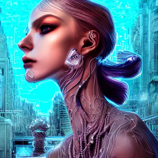 Prompt: the portrait of an absurdly beautiful, graceful, elegant, sophisticated, fashionable cyberpunk gravure idol, an ultrafine hyperdetailed illustration by kim jung gi, irakli nadar, intricate linework, bright colors, porcelain skin, mixed metals, unreal engine 5 highly rendered, global illumination, radiant light, detailed and intricate environment