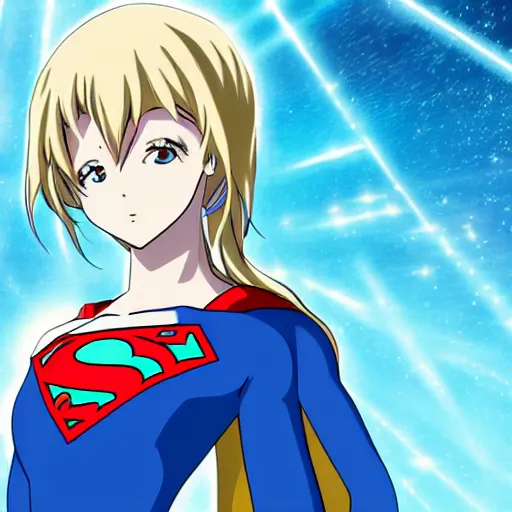 Prompt: anime visual of supergirl shooting laserbeams from her eyes