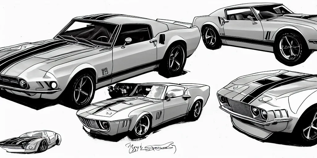 Prompt: hybrid design of Ford Mustang GT 1970 and Corvette C2 1969. No background, concept art style.