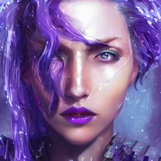 Image similar to extreme close up portrait of a beautiful woman in bionic amethyst armor, female, flowing purple hair, intense stare, stoic, symmetrical, concept art, intricate detail, volumetric shadows and lighting, realistic oil painting magic the gathering style, destiny,