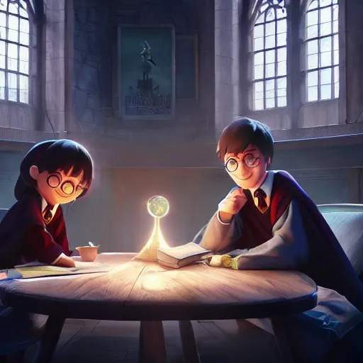 Image similar to a wholesome animation key shot of harry potter students, medium shot, studio pixar and disney animation, sharp, very detailed, high resolution, rendered in unreal engine 5, anime key art by greg rutkowski, bloom, dramatic lighting