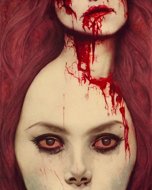 Image similar to a beautiful but sinister and creepy woman in layers of fear, with haunted eyes, violence in her eyes, 1 9 7 0 s, seventies, delicate embellishments, a little blood, crimson, painterly, offset printing technique, by alexandre cabanel