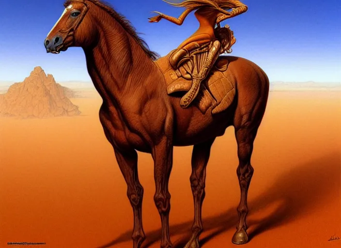 Image similar to horse standing in desert, intricate, elegant, highly detailed animal, digital painting, artstation, concept art, smooth, sharp focus, illustration, art by artgerm, bob eggleton, michael whelan, stephen hickman, richard corben, wayne barlowe, trending on artstation and greg rutkowski and alphonse mucha, 8 k