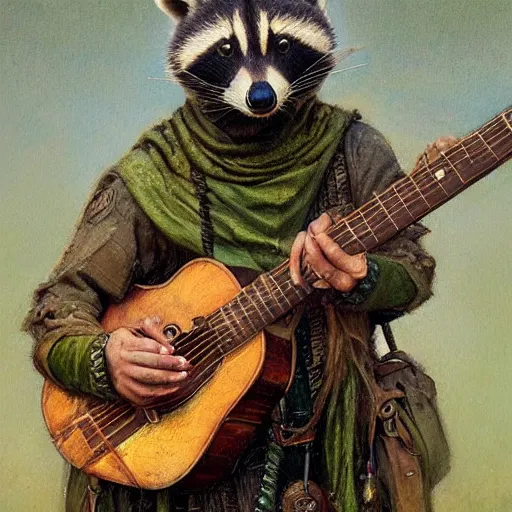 Prompt: racoon bard wearing green tunic holding guitar closeup portrait art by donato giancola and greg rutkowski, vintage retro, realistic face, digital art, trending on artstation, symmetry!!