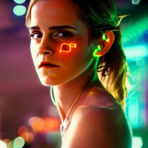 Image similar to photo of emma watson as a cyborg in a cyberpunk city, neon lights, bloom, bokeh, depth of field, robotic limbs, mid full shot, 8k, highly detailed skin, highly detailed face