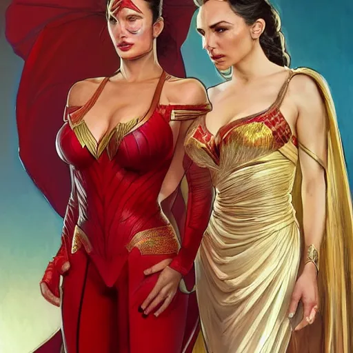 Image similar to lindsey pelas and gal gadot wearing a red kebaya, digital painting, artstation, concept art, sharp focus, illustration, art by artgerm and greg rutkowski and alphonse mucha