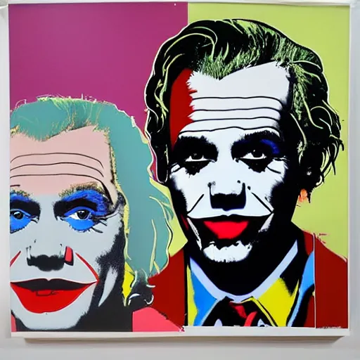 Prompt: andy warhol and banksy draw kanye west as the joker which dance on the street, hyperrealistic content, high definition content, intricate, delete duplicate content, justify content center, 5 colors