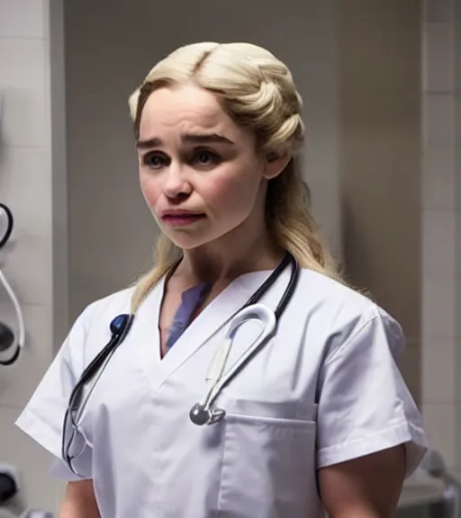 Prompt: emilia clarke as a nurse in a hospital, thicc detailed body, seductive eyes, wall lighting, healthcare setting