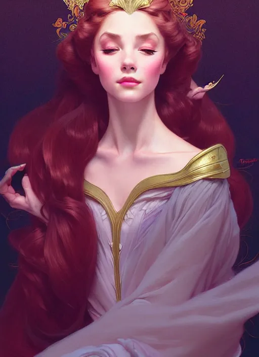 Image similar to portrait of disney sleeping beauty, intricate, elegant, highly detailed, my rendition, digital painting, artstation, concept art, smooth, sharp focus, illustration, art by artgerm and greg rutkowski and alphonse mucha and uang guangjian and gil elvgren and sachin teng, symmetry!!