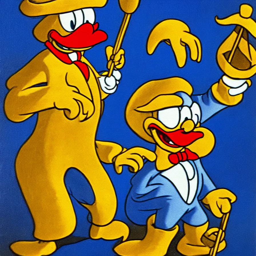 Image similar to Scrooge McDuck from the Duck Tales in blue costume standing on a mountain of golden gold and holding a cane, view from below, full body portrait including head, oil painting, highly detailed