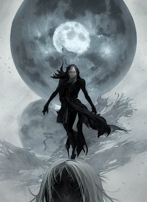 Prompt: at the top: symmetrical centered portrait of Anna Millerstone as a Dark evil witch, big moon in the background, at the bottom: empty space, dramatic lighting, book cover illustration by Greg rutkowski, yoji shinkawa, 4k, digital art, concept art, trending on artstation, golden silver elements, empty grey space at the top, flower elements