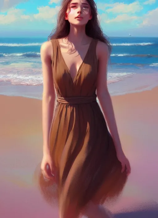 Prompt: a beautiful brown - haired girl with a summer dress in beach, intricate, elegant, highly detailed, digital painting, artstation, concept art, smooth, sharp focus, illustration, ethereal, misty, by ilya kuvshinov and jeremy mann, 8 k, octane render