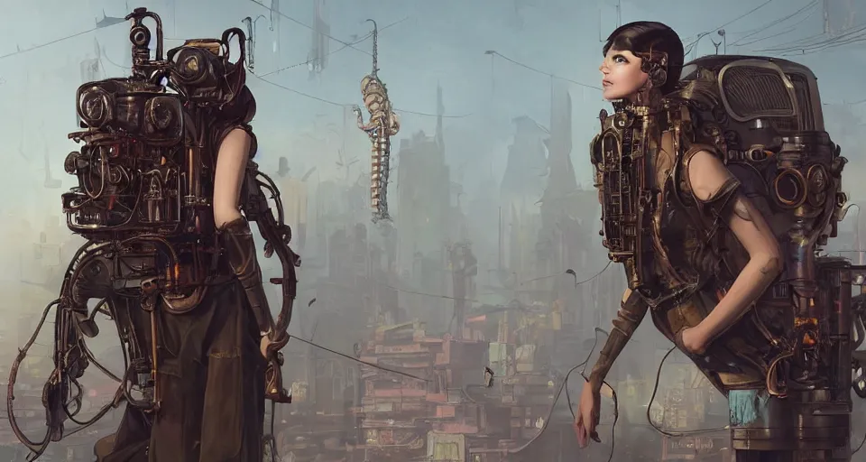 Image similar to a highly detailed epic cinematic concept art CG render digital painting artwork scene: retrofuturistic 1920s cyberpunk steampunk human fused with a combustion engine fuming backpack. By Greg Rutkowski, Ilya Kuvshinov, WLOP, Stanley Artgerm Lau, Ruan Jia and Fenghua Zhong, trending on ArtStation, made in Maya, Blender and Photoshop, octane render, excellent composition, cinematic dystopian brutalist atmosphere, dynamic dramatic cinematic lighting, aesthetic, very inspirational, arthouse